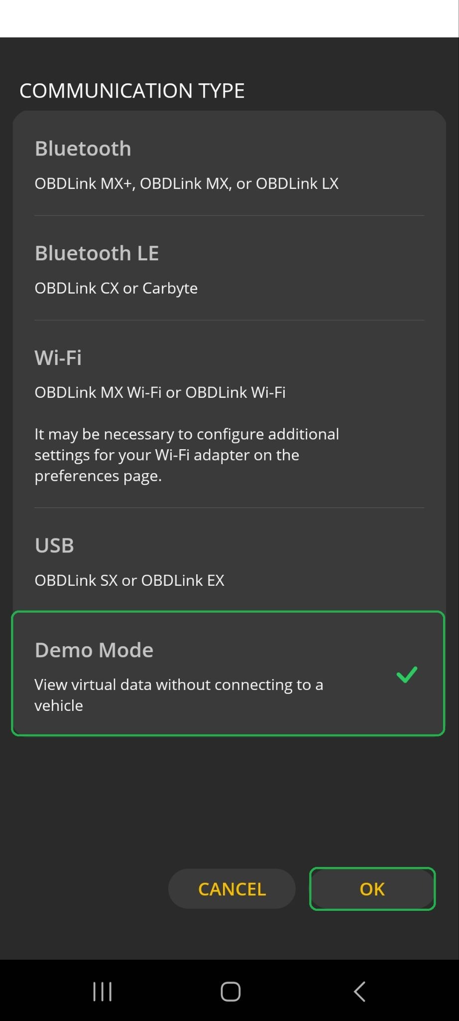 Android Communication Type options. The Demo Mode option is highlighted. The OK button is also highlighted.