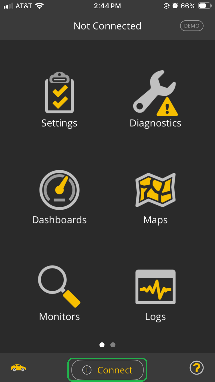 iOS Home screen. The Connect button at the bottom is highlighted.