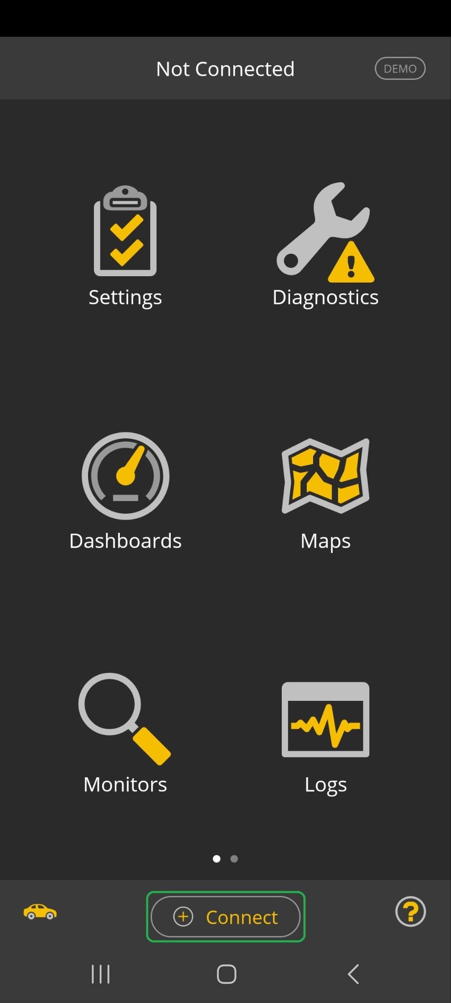 Android Home screen. The Connect button at the bottom is highlighted.