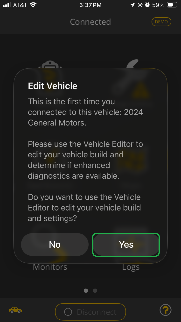 iOS message describing Edit Vehicle information. The Yes button is highlighted.
