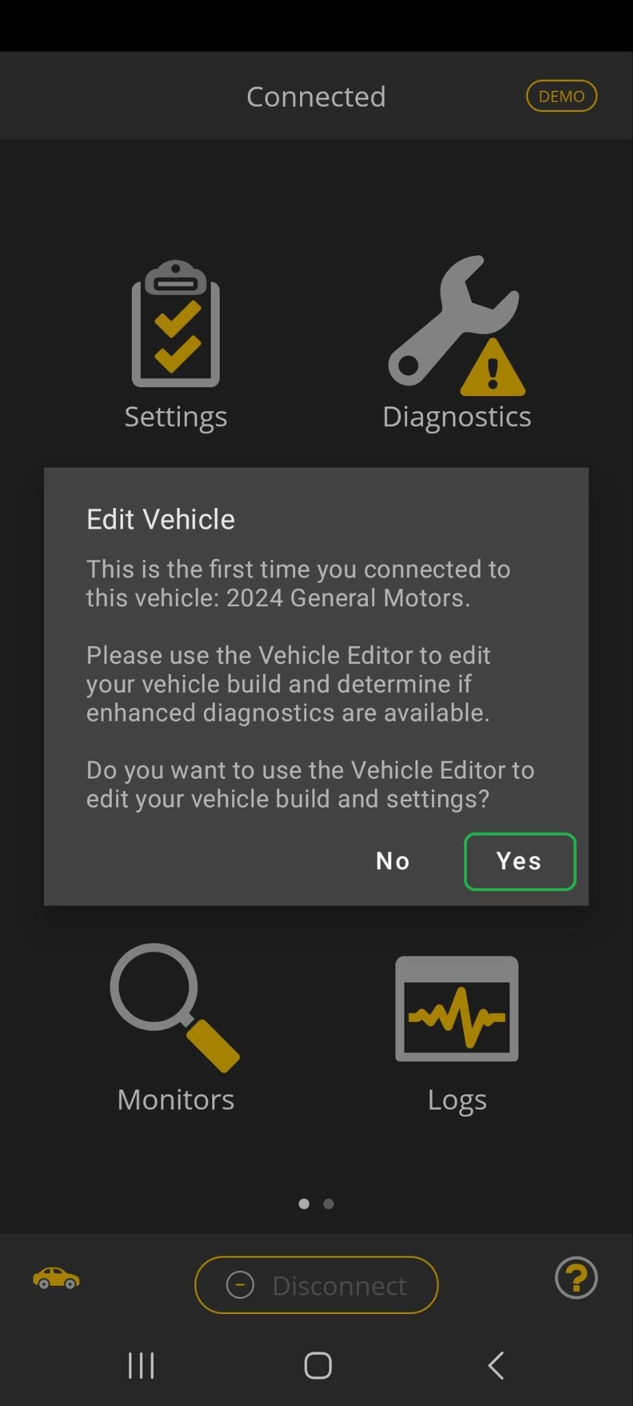 Android message describing Edit Vehicle information. The Yes button is highlighted.