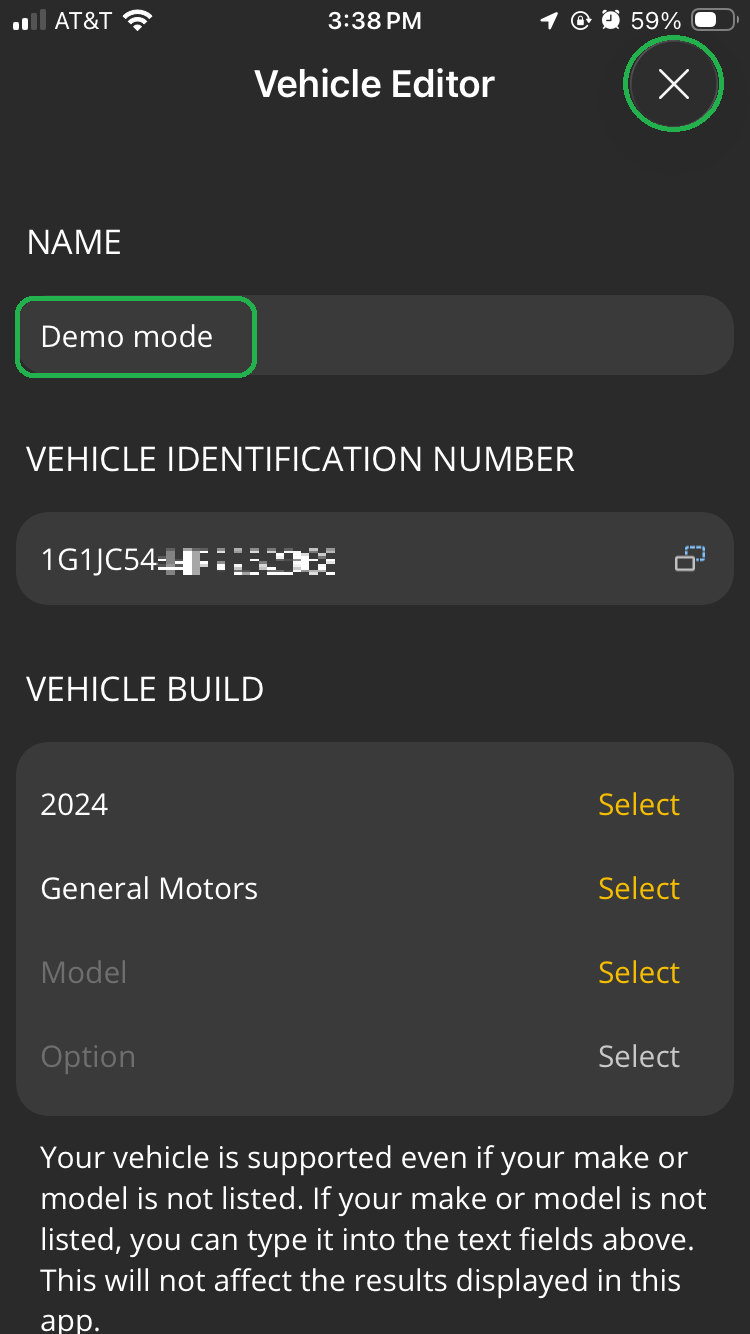 iOS Vehicle Editor options. The Name field is highlighted and has text saying "Demo Mode". The X button in the upper right corner is also highlighted.
