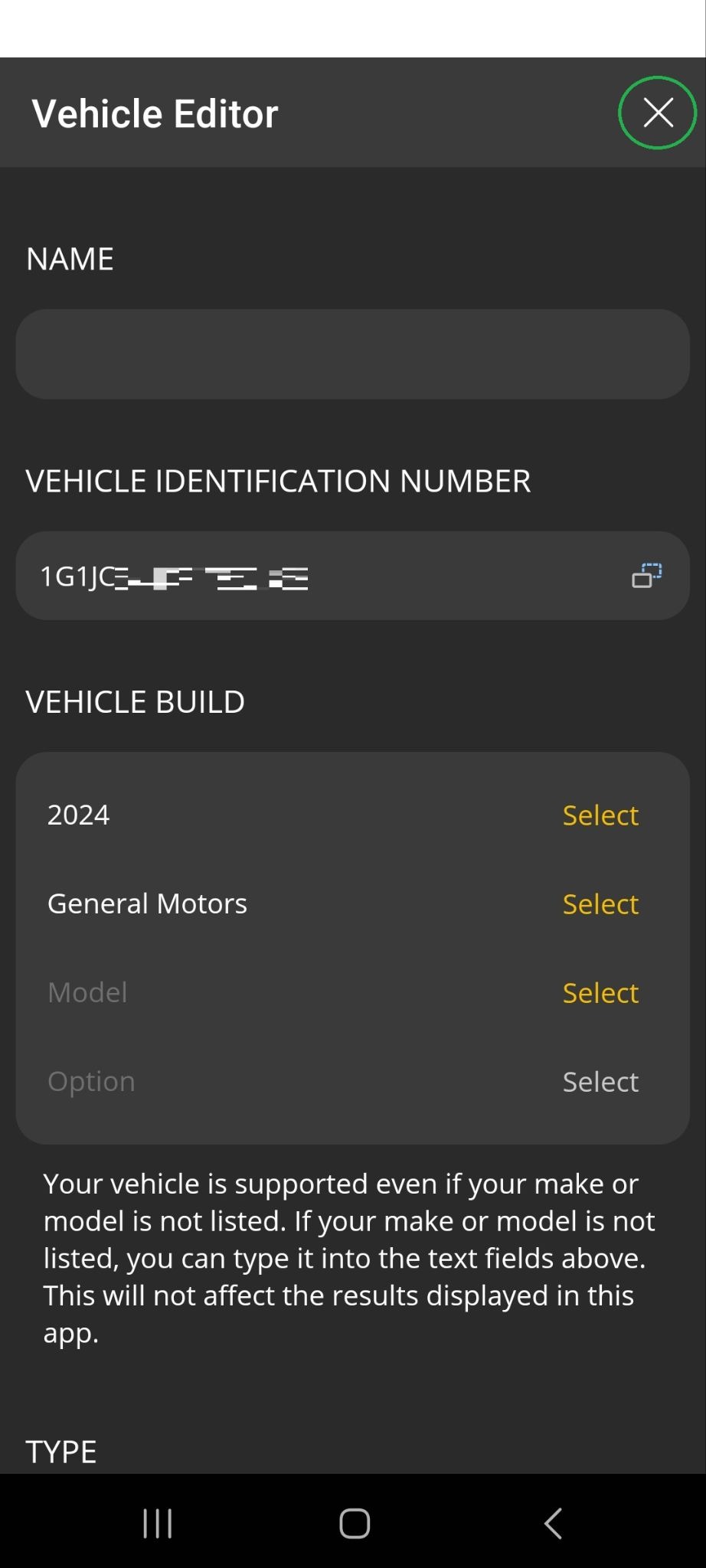 Android Vehicle Editor options. The Name field is empty. The X button in the upper right corner is highlighted.