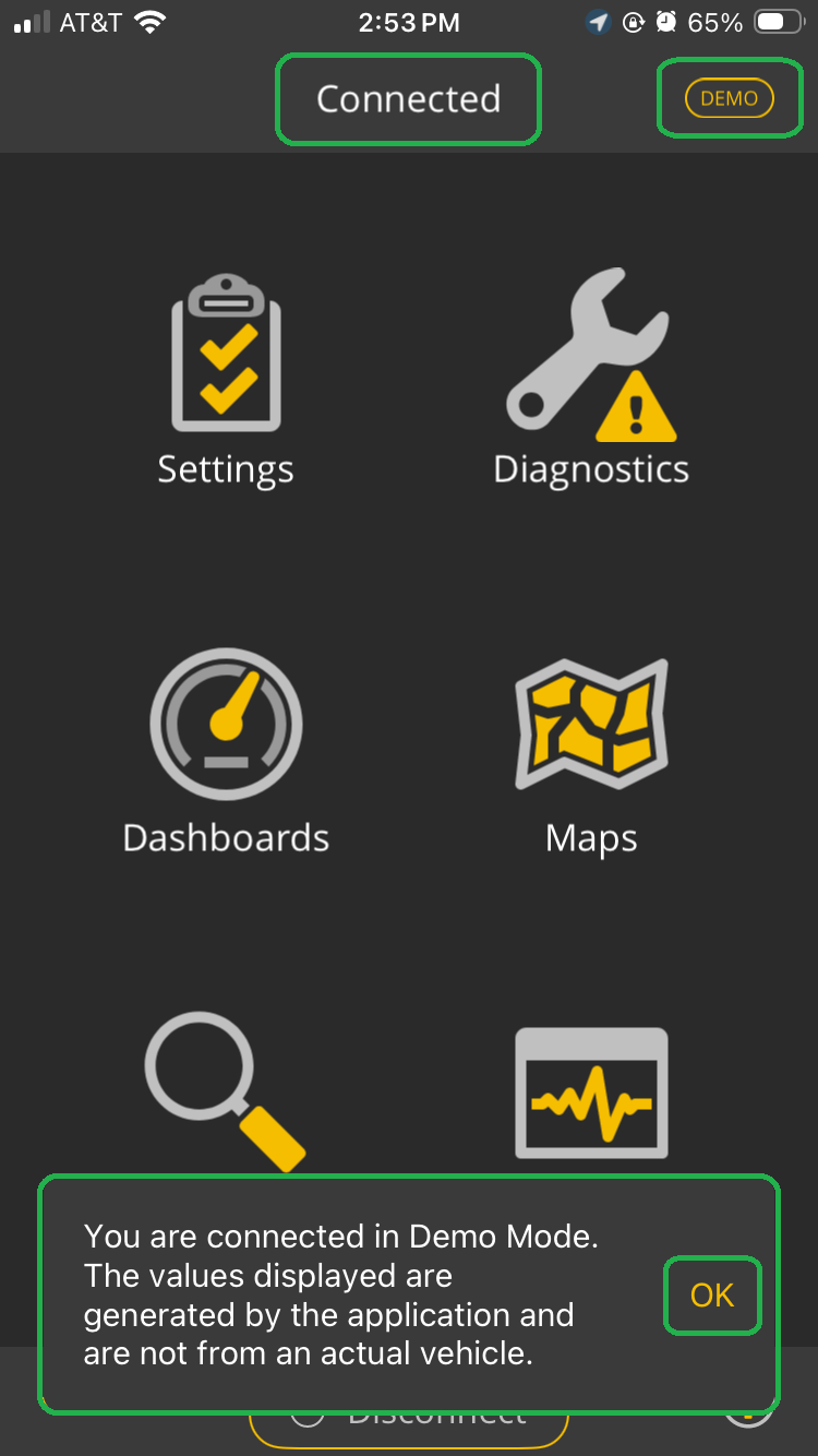 iOS home screen. The Connected indicator and Demo mode indicator are both highlighted at the top of the screen. A message about Demo mode values is highlighted at the bottom of the screen. The OK button in the message is also highlighted.