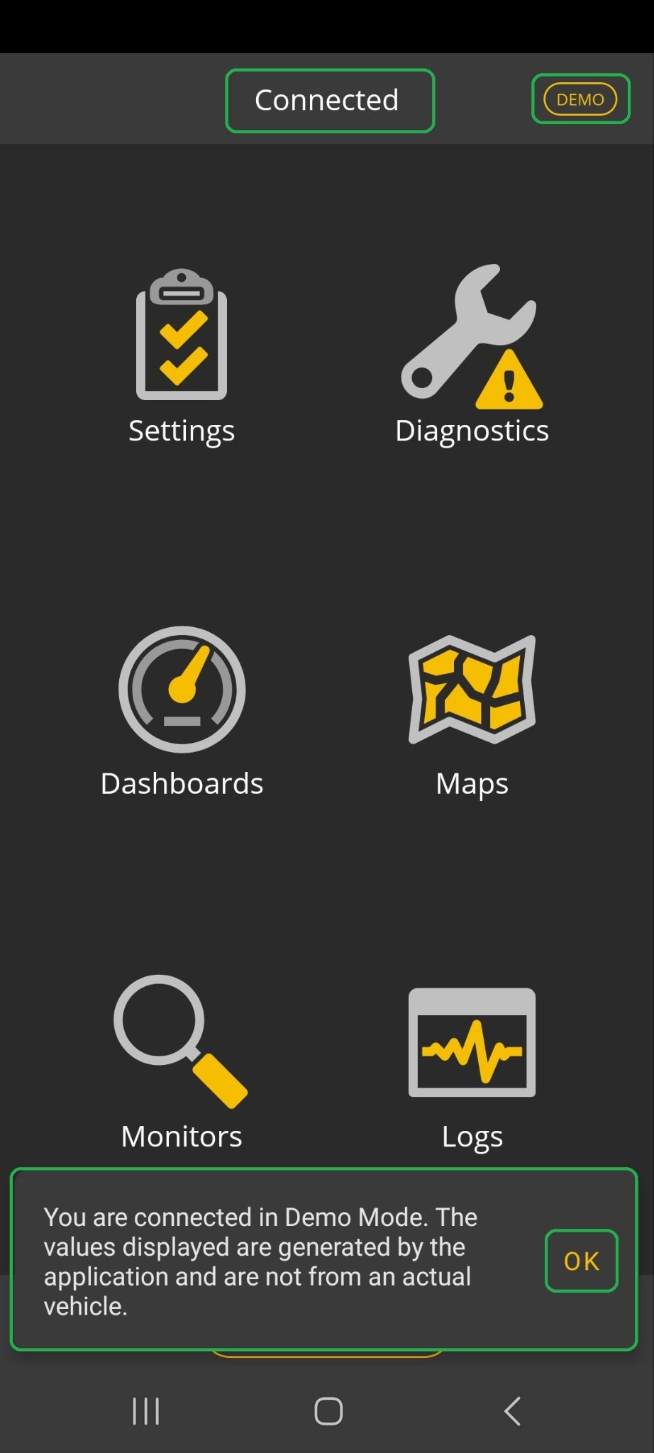 Android home screen. The Connected indicator and Demo mode indicator are both highlighted at the top of the screen. A message about Demo mode values is highlighted at the bottom of the screen. The OK button in the message is also highlighted.