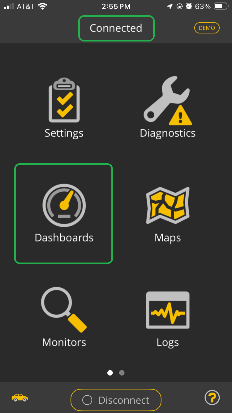 iOS Home screen. The Connected indicator is highlighted. The Dashboards icon is also highlighted.