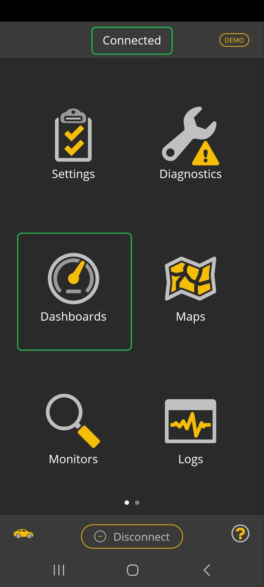 Android Home screen. The Connected indicator is highlighted. The Dashboards icon is also highlighted.
