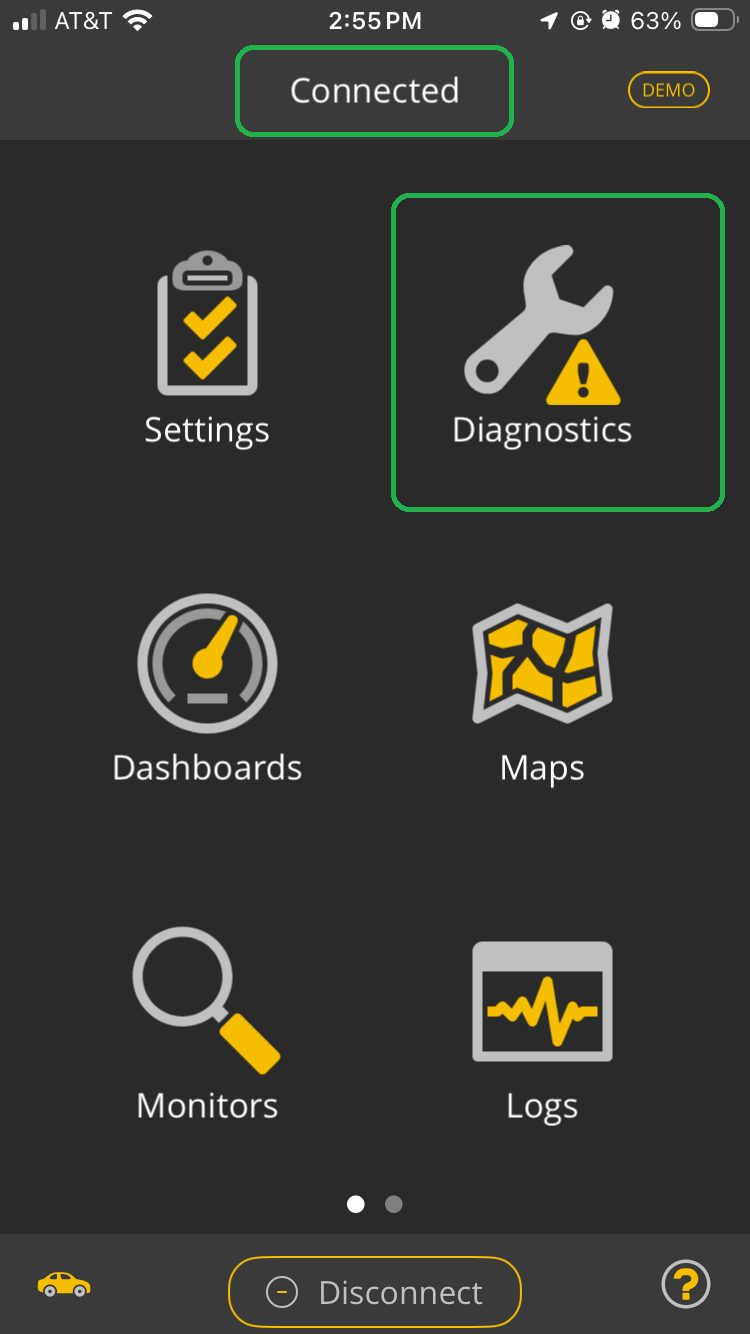 iOS Home screen. The Connected indicator is highlighted. The Diagnostics icon is also highlighted.
