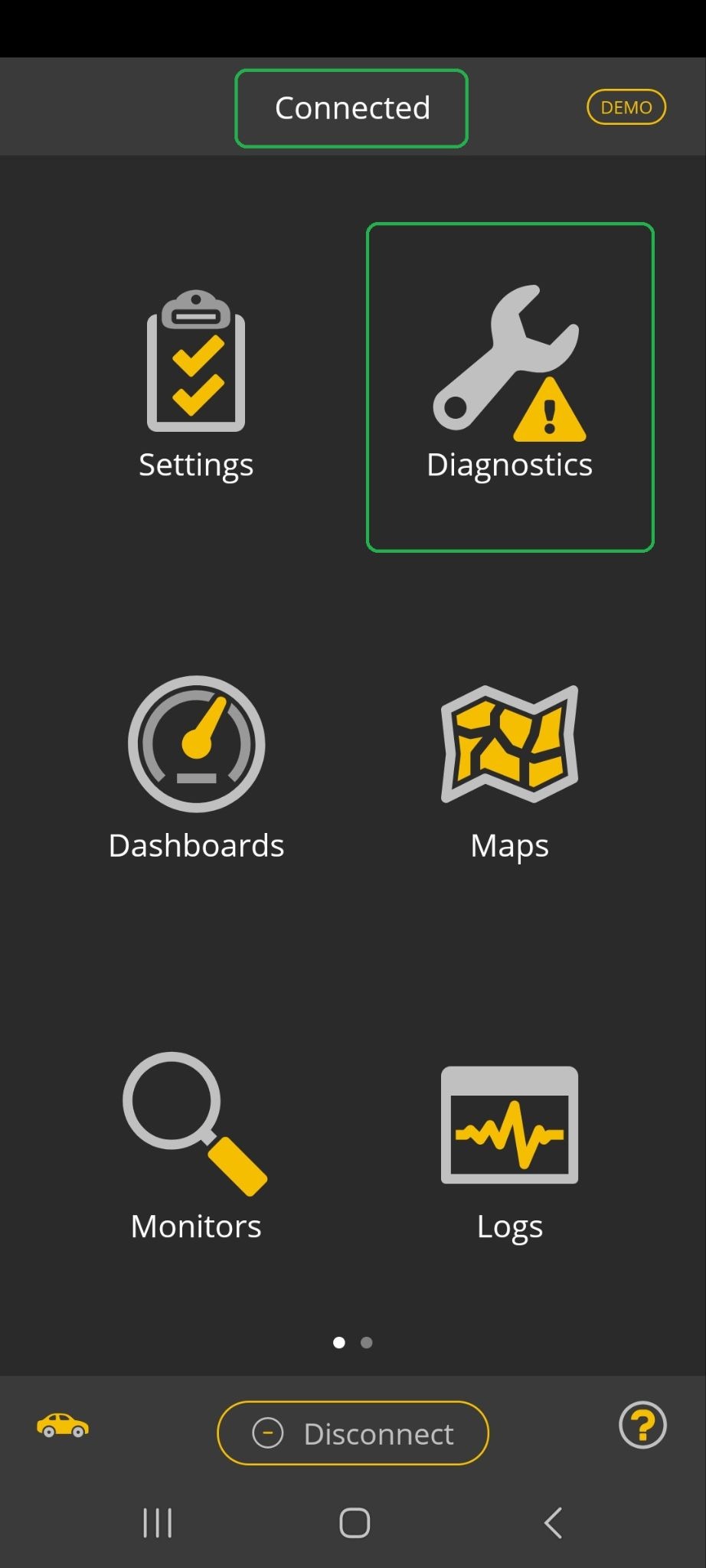 Android Home screen. The Connected indicator is highlighted. The Diagnostics icon is also highlighted.
