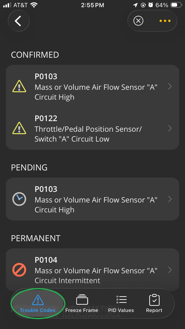 iOS Diagnostics screen showing the Trouble Codes tab. Several Diagnostic Trouble Codes are listed.