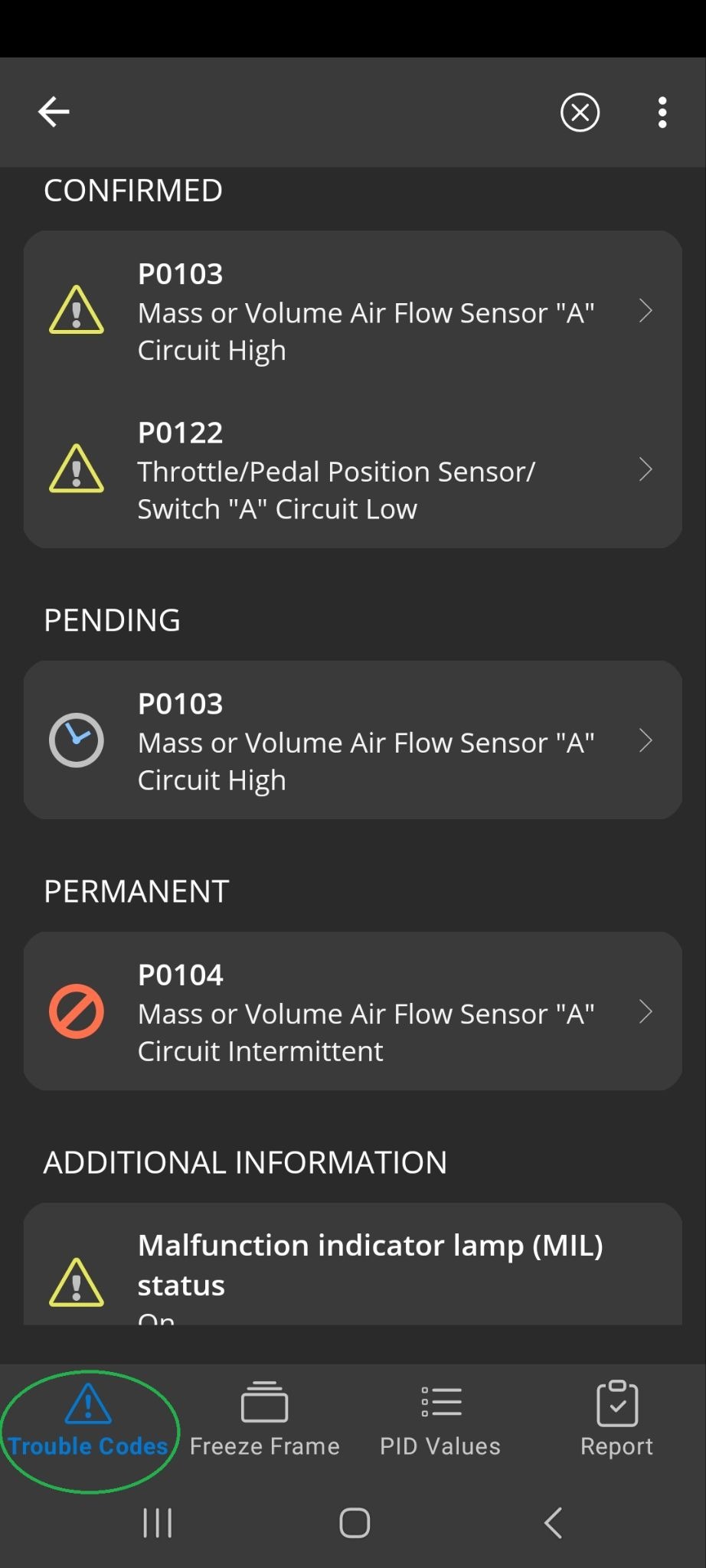 Android Diagnostics screen showing the Trouble Codes tab. Several Diagnostic Trouble Codes are listed.