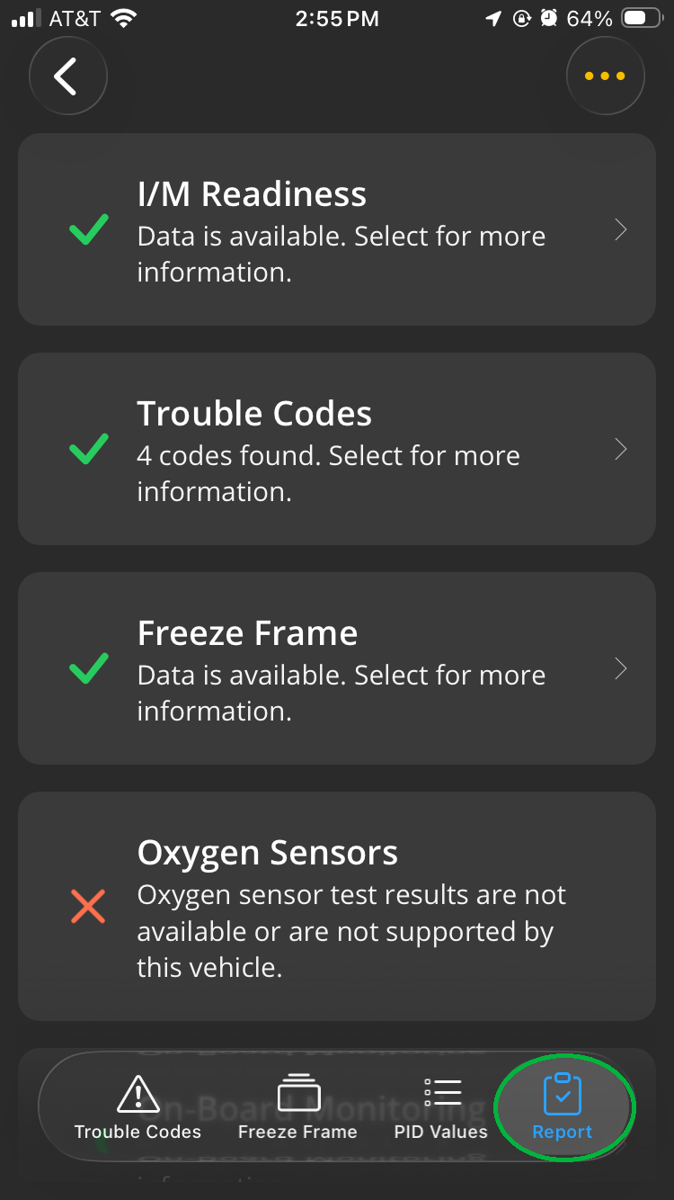 iOS Diagnostics screen showing the Report tab. Several report categories are listed.