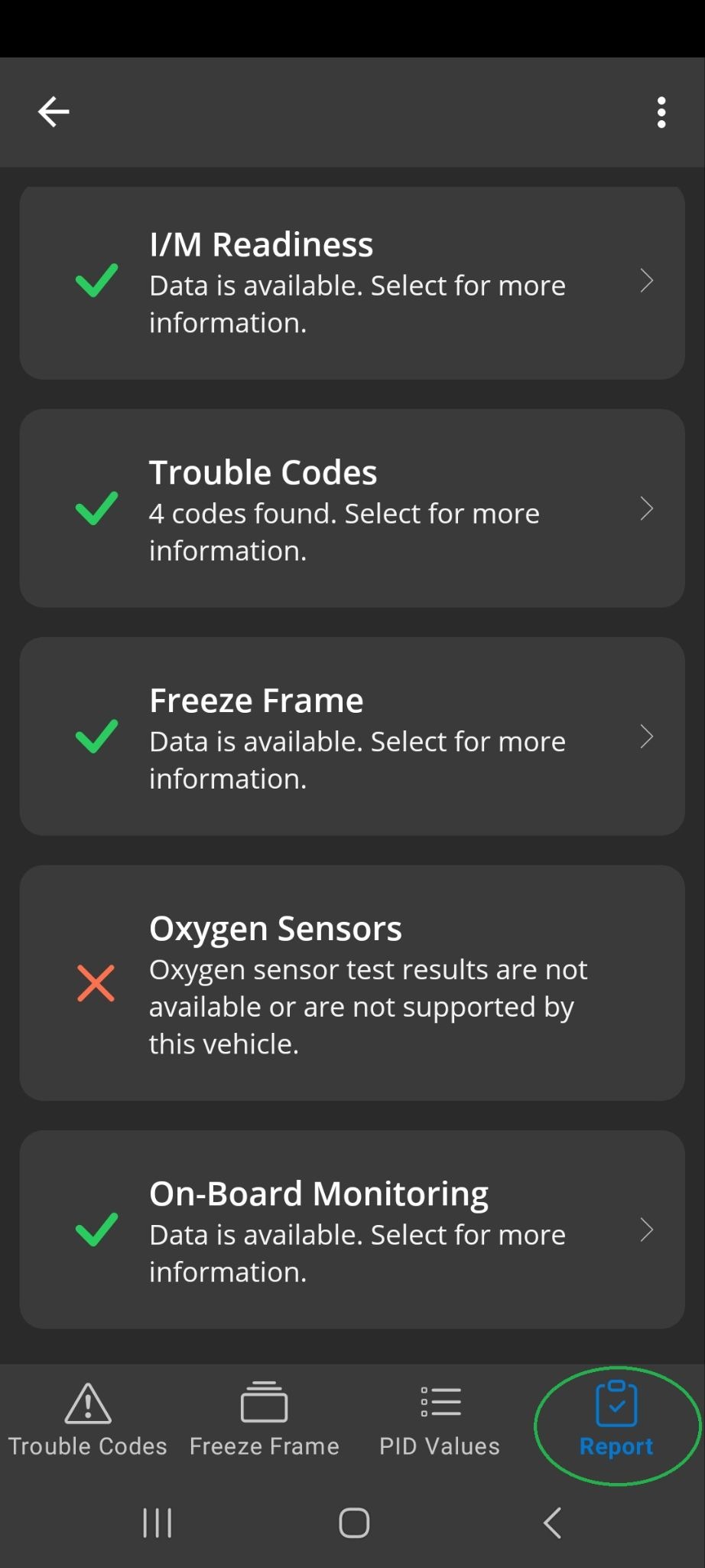 Android Diagnostics screen showing the Report tab. Several report categories are listed.