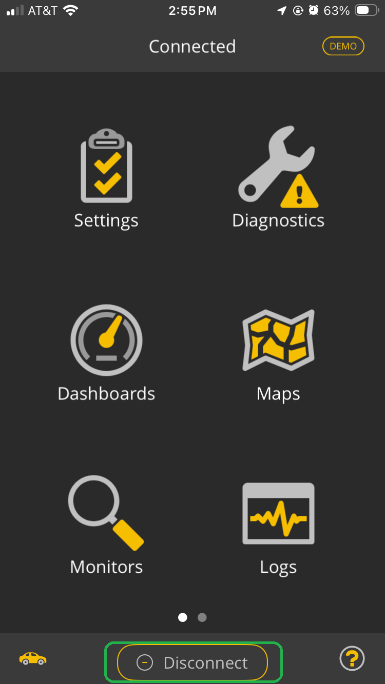 iOS Home screen. The Disconnect button at the bottom is highlighted.