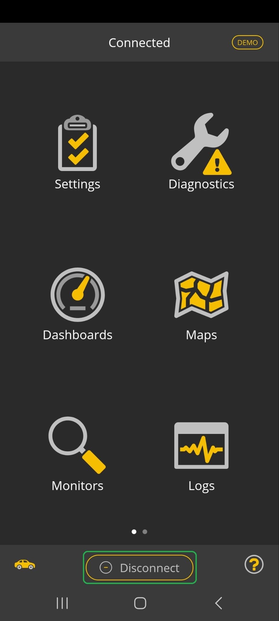 Android Home screen. The Disconnect button at the bottom is highlighted.