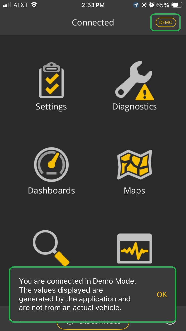 iOS Home screen. The Demo mode indicator in the upper right corner is highlighted. A message about Demo Mode is also highlighted.