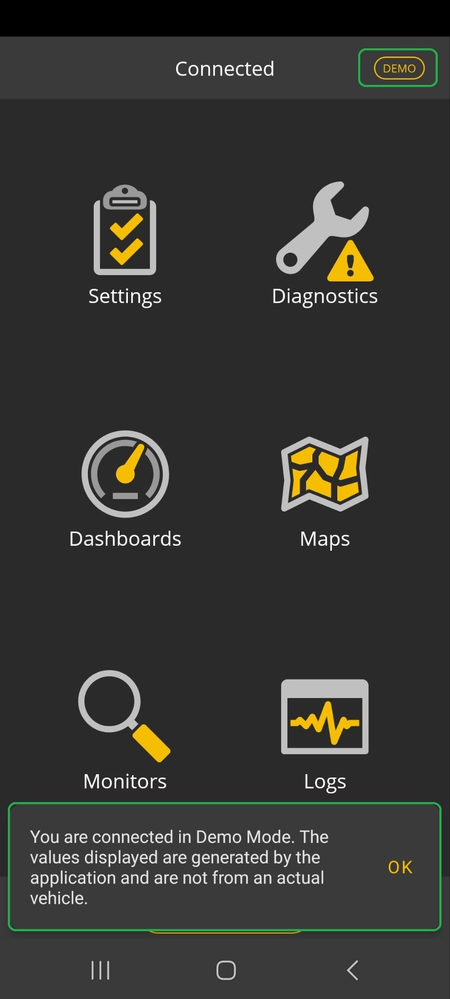 Android Home screen. The Demo mode indicator in the upper right corner is highlighted. A message about Demo Mode is also highlighted.