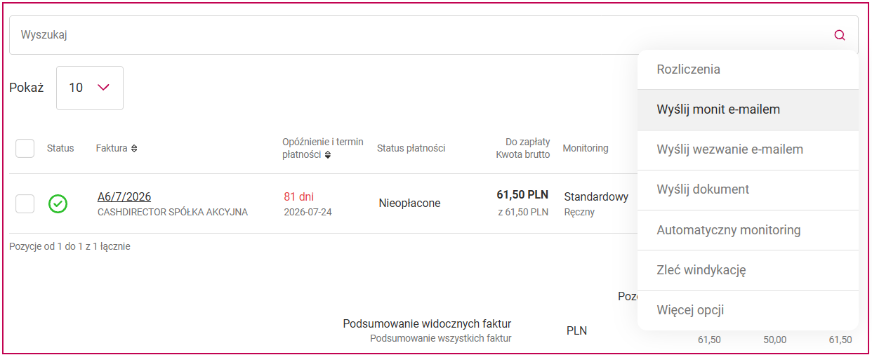 Zakładka Monity płatności – Kto mi zalega z listą niezapłaconych dokumentów
