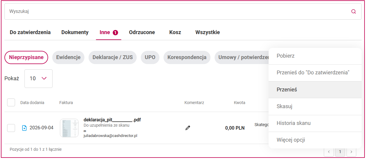 Przycisk Przenieś przy dokumencie w e-segregatorze