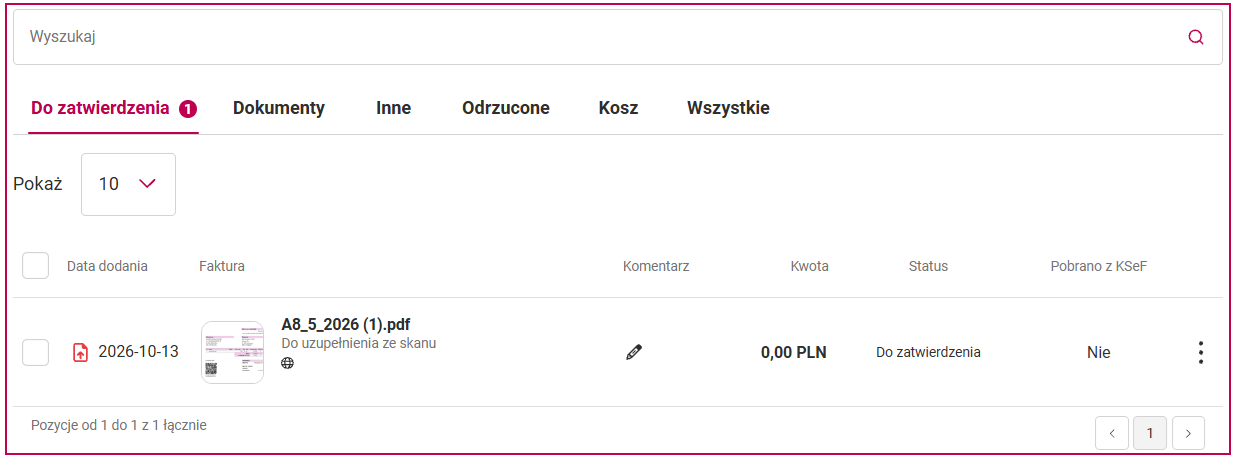 Przycisk Wgraj dokumenty w zakładce Inbox