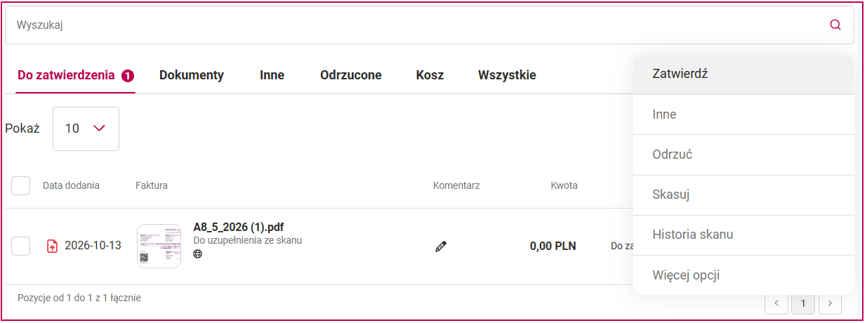 Opcja Zatwierdź pod trzema kropkami w folderze Do zatwierdzenia