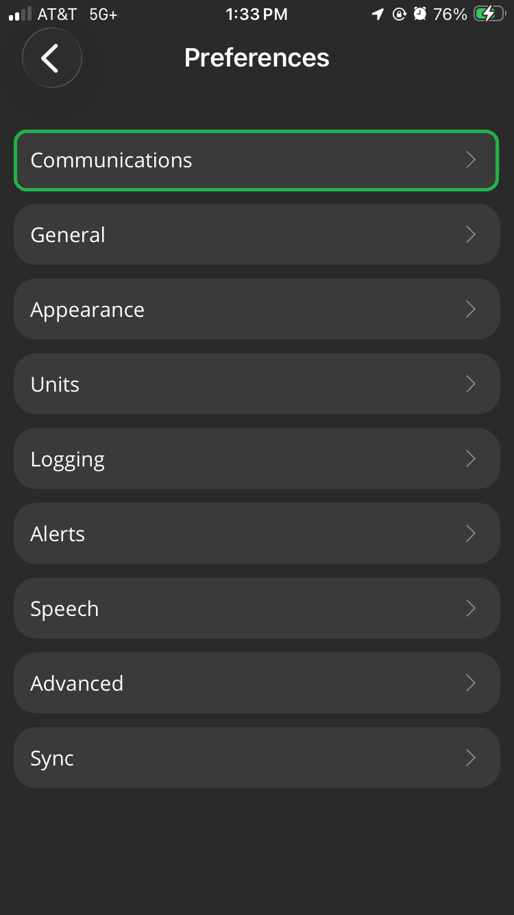 iOS Preferences list of options. The Communications option is highlighted.