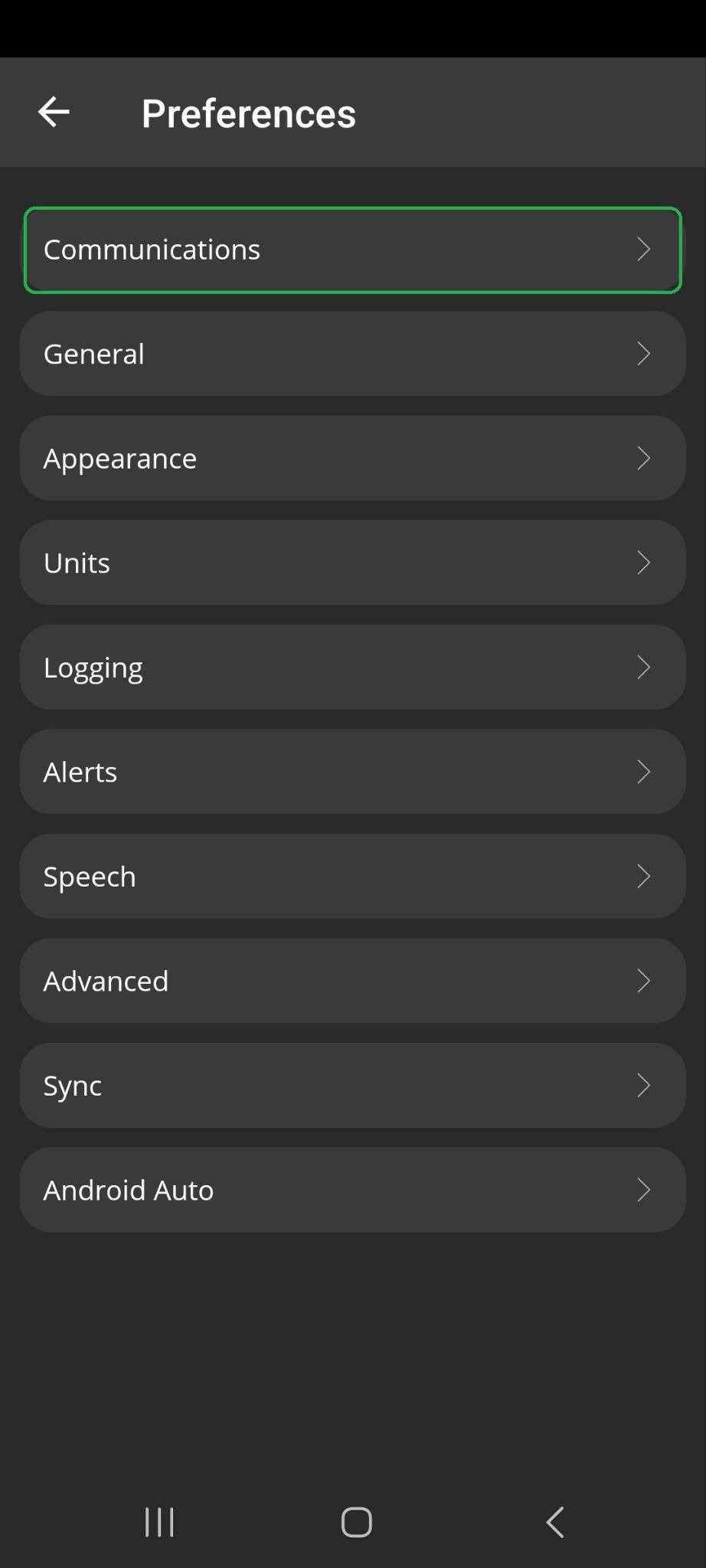 Android Preferences list of options. The Communications option is highlighted.