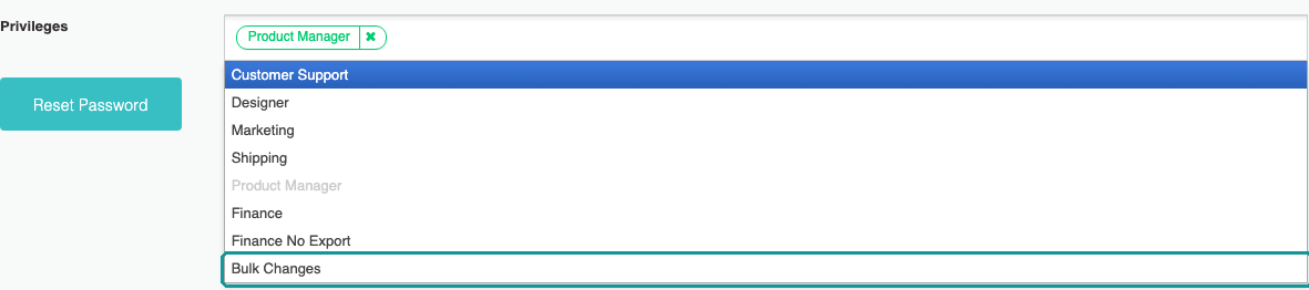 A team member’s Privileges list with Bulk Changes highlighted