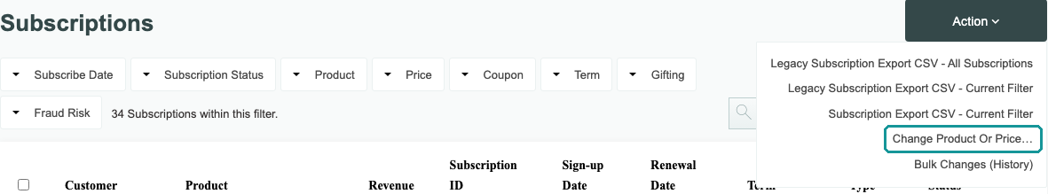 The Subscriptions page’s Action menu with Change Product Or Price… highlighted