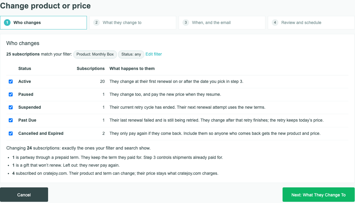 Step 1, Who changes: the subscriptions by status, what happens to each, and the notes on prepaid, gift, and cratejoy.com subscribers