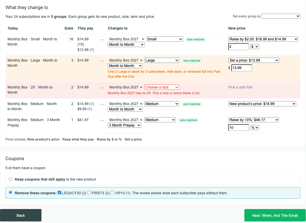 Step 2, What they change to: each group’s new product, size, term, and price, a size the new product doesn’t have, a stock warning, and the coupon choice