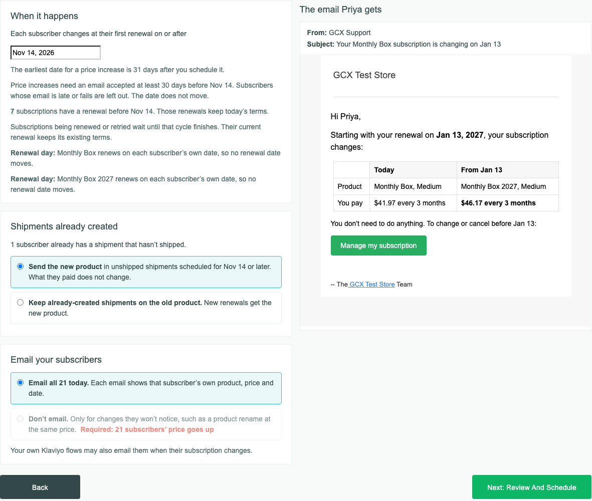Step 3, When, and the email: the date, shipments already created, the email choice, and the email one subscriber gets