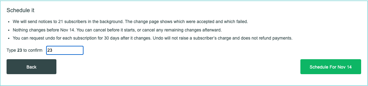 The Schedule it box: what happens next, the number typed to confirm, and the Schedule For Nov 14 button