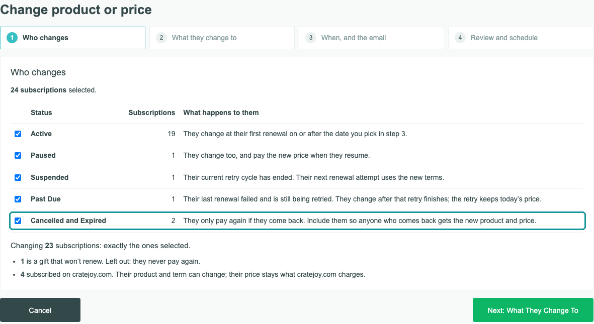 Step 1 of the change a price save opens: every status ticked, Cancelled and Expired included
