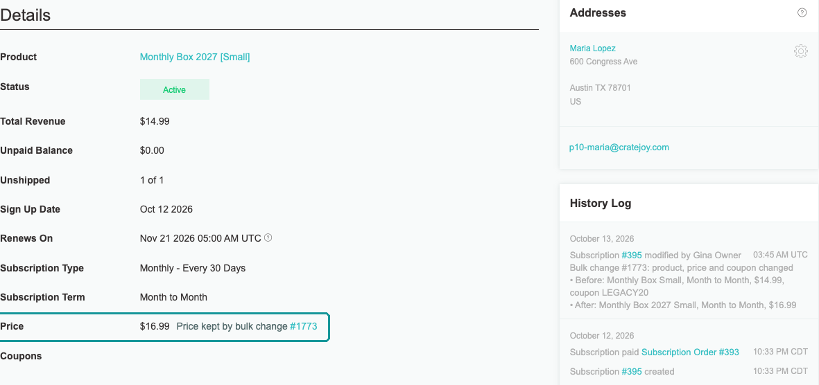 A subscription’s page after a bulk change: Price $16.99, Price kept by bulk change #1773, and the History Log entry with the before and after
