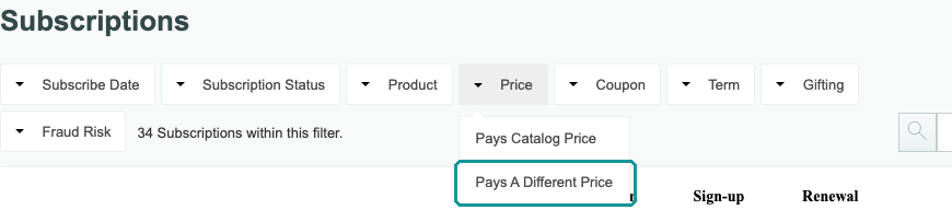 The Subscriptions page’s Price filter with Pays A Different Price highlighted