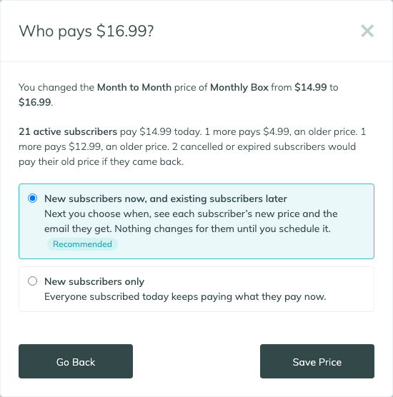 Who pays $16.99? with who pays $14.99 today, the cancelled or expired subscribers who would pay it if they came back, New subscribers now, and existing subscribers later chosen and Recommended, and New subscribers only