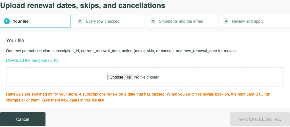 Step 1 with renewals switched off: 4 subscriptions renew on a date that has passed, and the next 5am UTC run charges all of them when renewals go back on