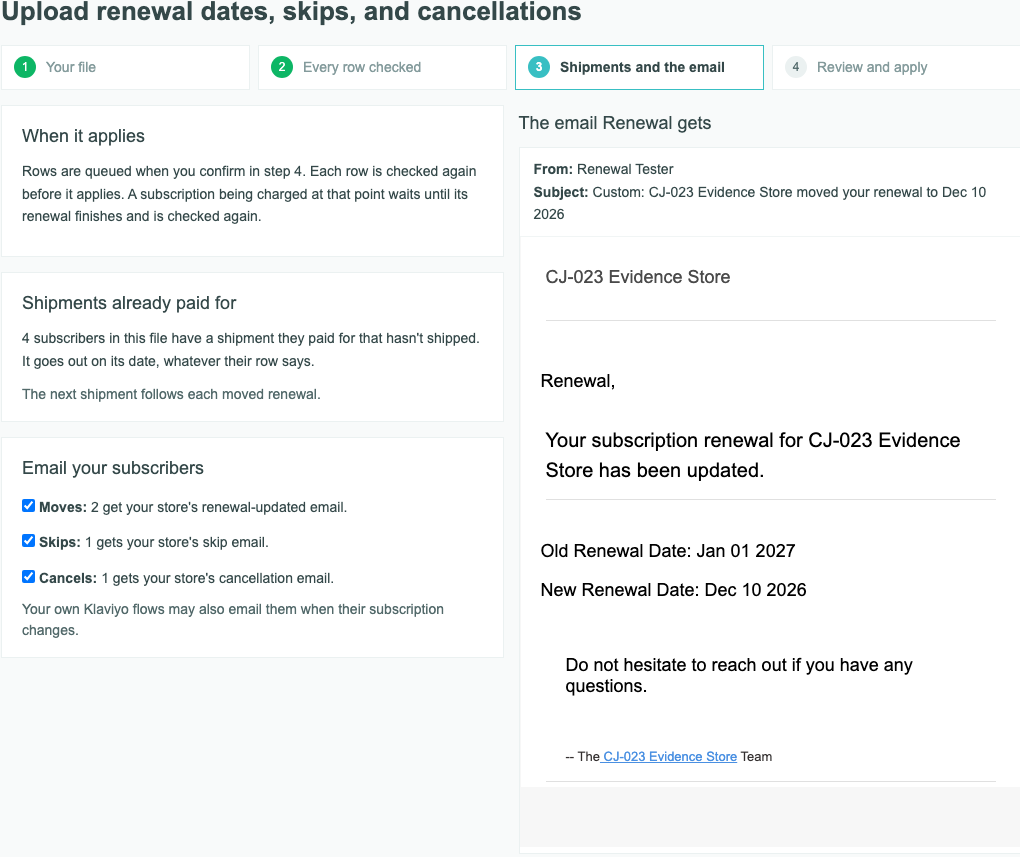 Step 3, Shipments and the email: when it applies, the shipments already paid for, who gets each email, and the email the first subscriber gets