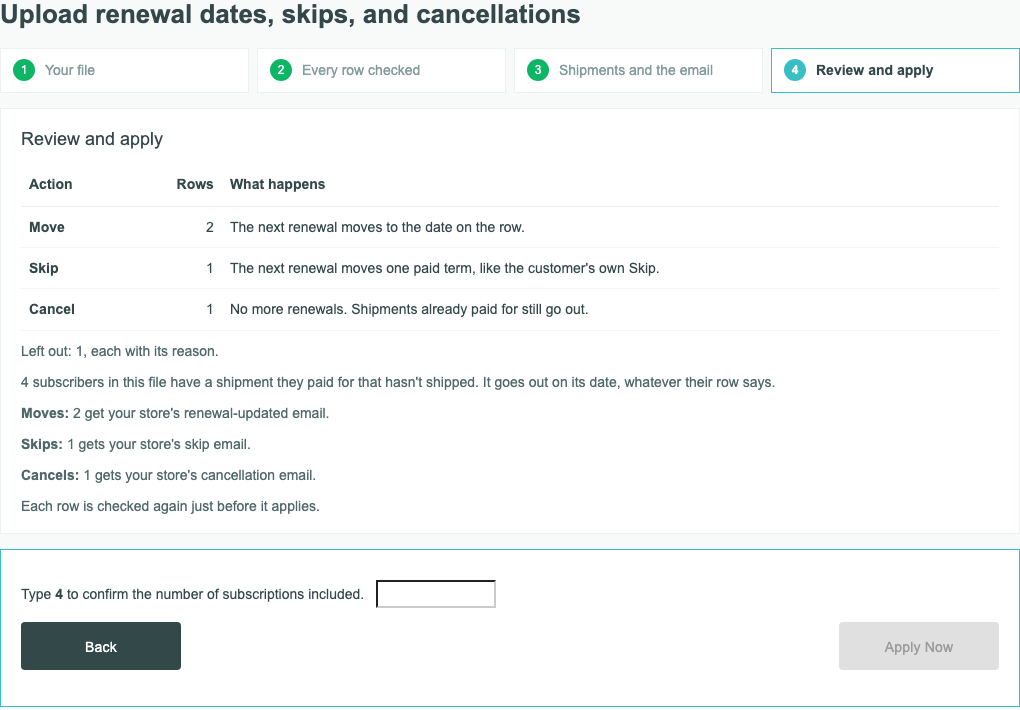 Step 4, Review and apply: the rows per action, the rows left out, the shipments and emails, and Type 4 to confirm