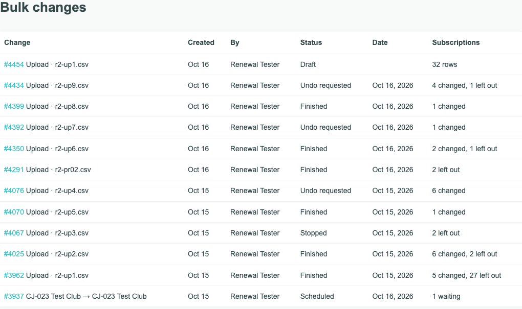 Bulk changes: each upload with its file’s name, when it was created, by whom, its status, its date, and its rows or results