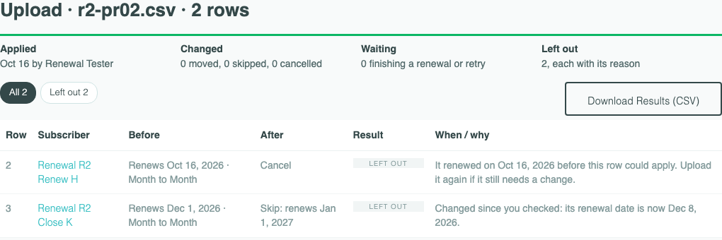 Two rows left out when they came to apply: one renewed first, and one whose renewal date was changed after the check