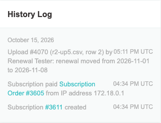 A subscription’s History Log: Upload #4070 (r2-up5.csv, row 2) by Renewal Tester: renewal moved from 2026-11-01 to 2026-11-08