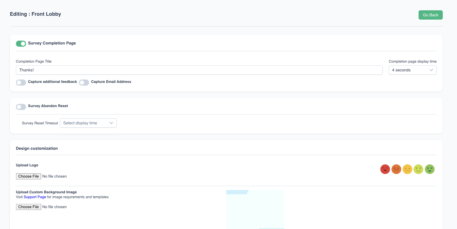 Device Settings page: completion page, abandon reset and design customization