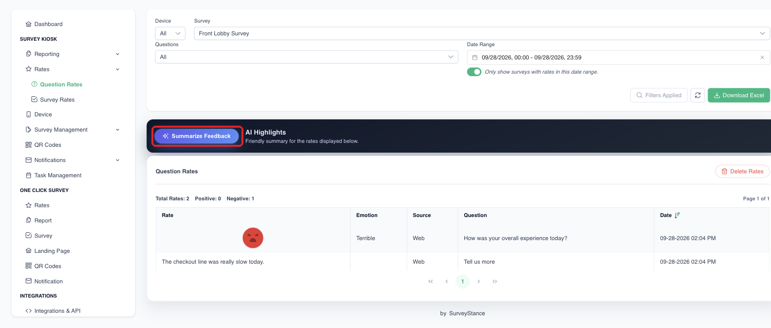 Summarize Feedback button on Question Rates