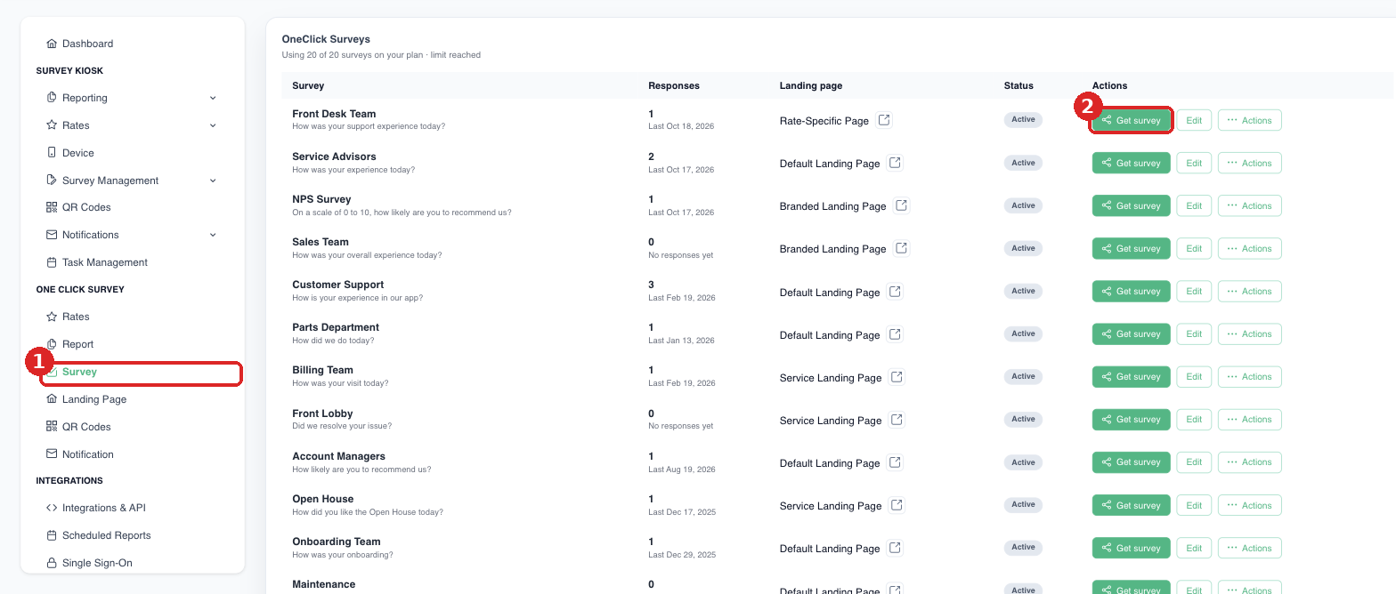 OneClick survey list with Get survey button