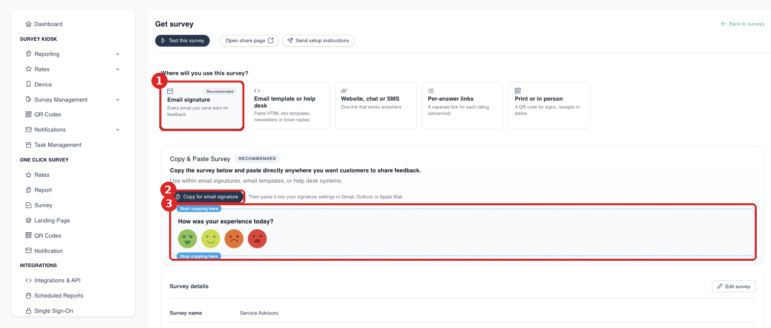 Get survey page with sharing options