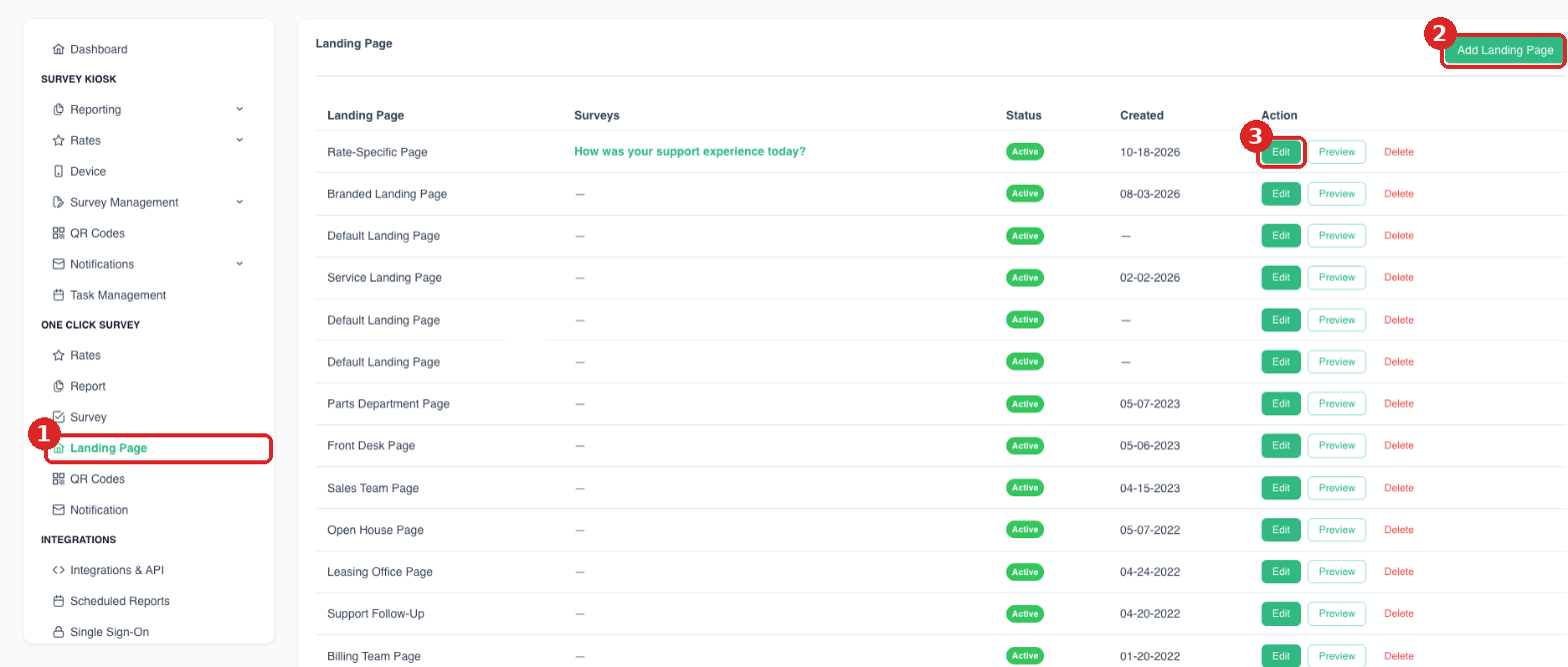 Landing page list