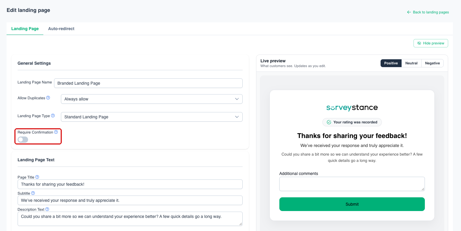 Require Confirmation setting on the landing page editor