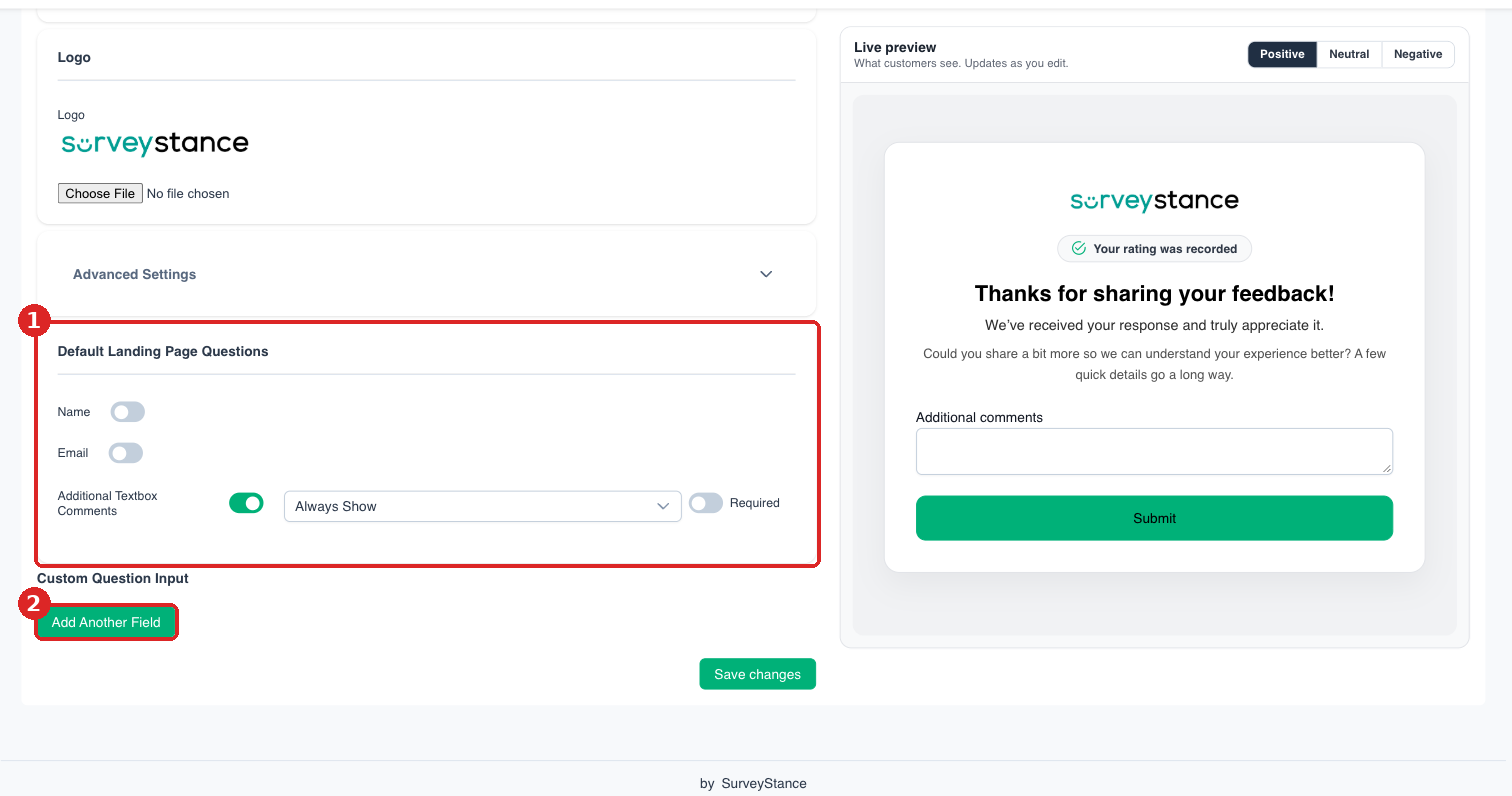 Landing page questions and Custom Question Input